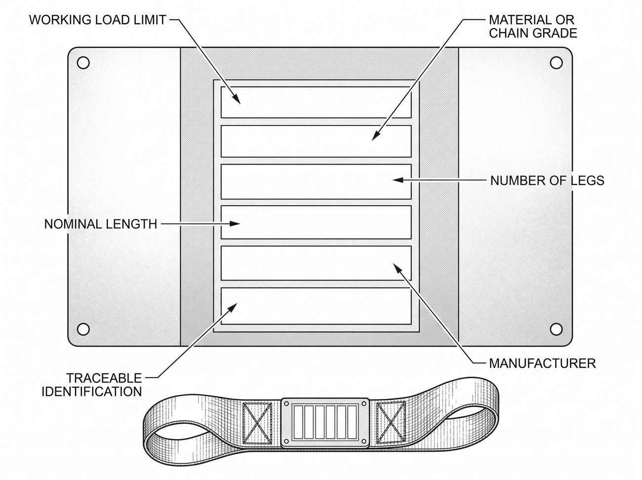 A sling identification label shown enlarged, with each field on it linked by a leader line to the part of the sling or the configuration it describes.