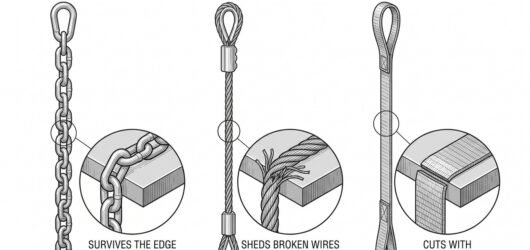 Three slings shown side by side - chain, wire rope and textile webbing - each with a detail of how it behaves against a sharp edge on the load.