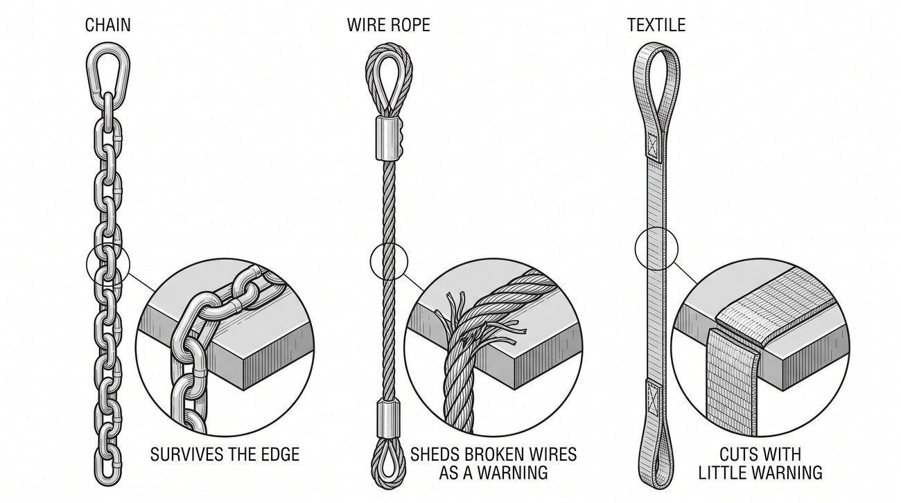 Three slings shown side by side - chain, wire rope and textile webbing - each with a detail of how it behaves against a sharp edge on the load.