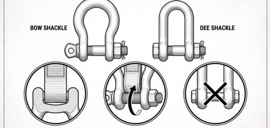 A bow shackle and a dee shackle side by side, with detail circles on a correctly seated sling in the bow, a sling bearing on the pin instead of the bo
