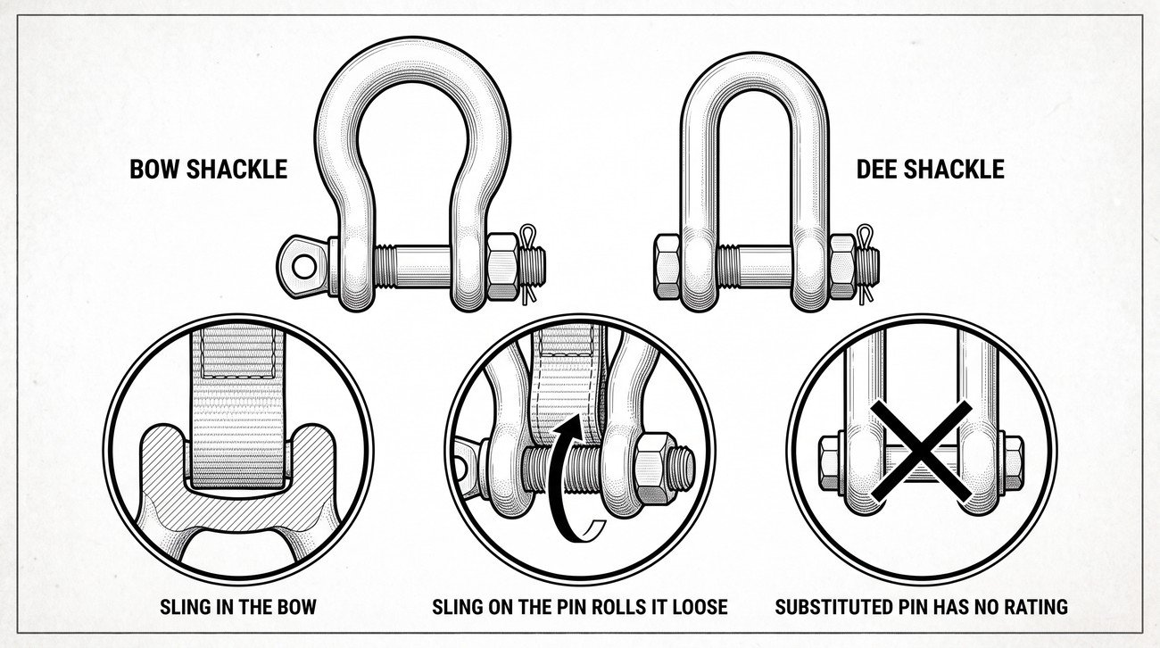 A bow shackle and a dee shackle side by side, with detail circles on a correctly seated sling in the bow, a sling bearing on the pin instead of the bow, and a pin that has been substituted with a plain bolt.