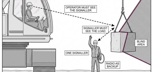 A crane operator in a cab with a dashed line of sight to a signaller standing clear of the load, with a second dashed line showing radio backup and a 