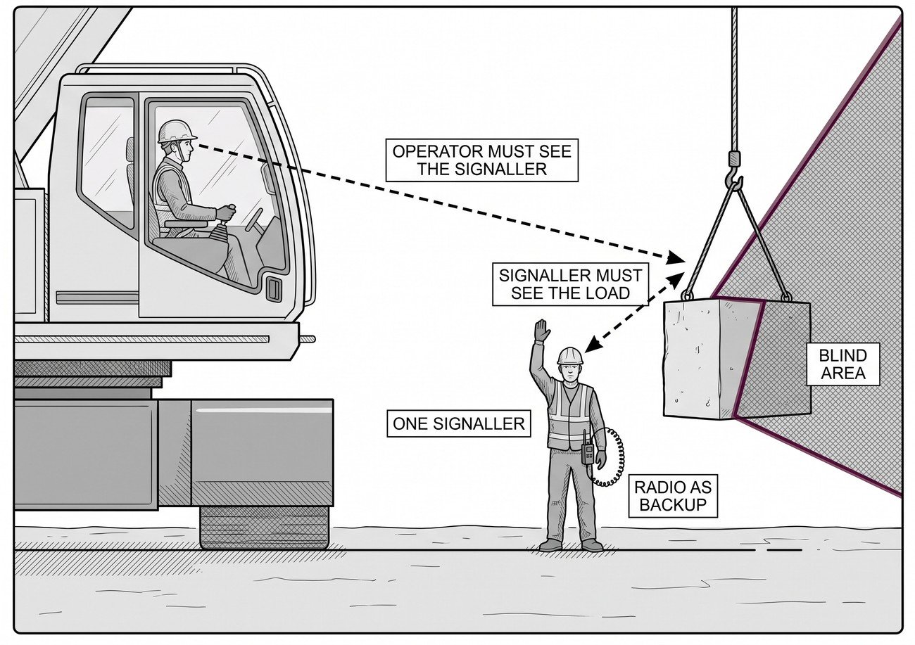 A crane operator in a cab with a dashed line of sight to a signaller standing clear of the load, with a second dashed line showing radio backup and a blind area behind the load shaded.