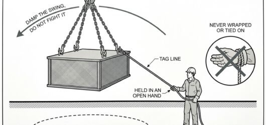 A suspended load with a tag line running down to a handler standing well outside the load radius, beside a second handler with the rope wrapped around
