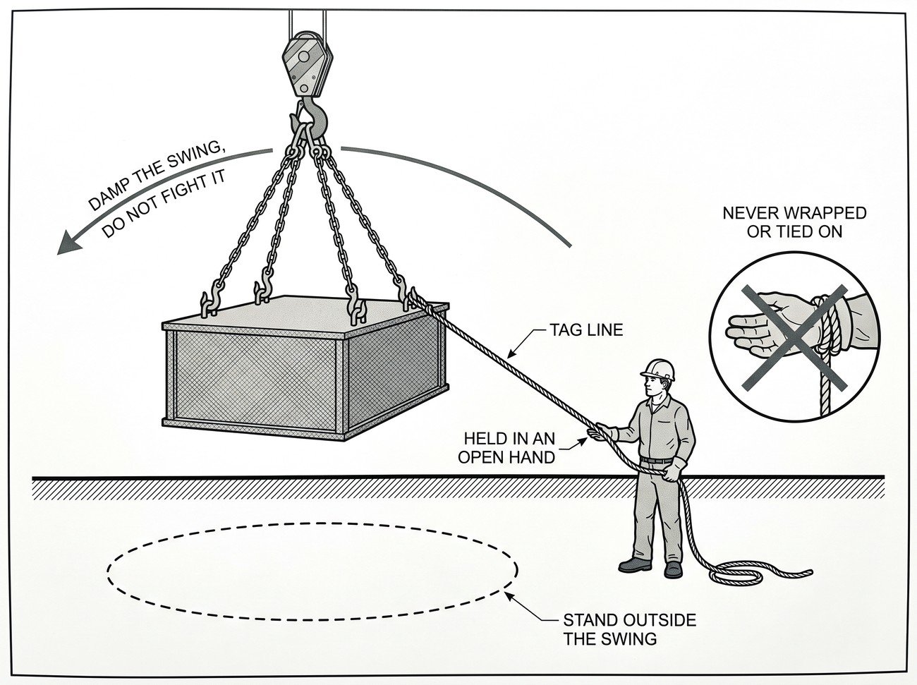 A suspended load with a tag line running down to a handler standing well outside the load radius, beside a second handler with the rope wrapped around a wrist and a cross drawn over that arrangement.