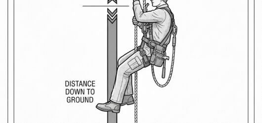 Side-view diagram of a worker suspended mid-span on a long rope, with arrows comparing the distance down to the ground against the distance up to the 