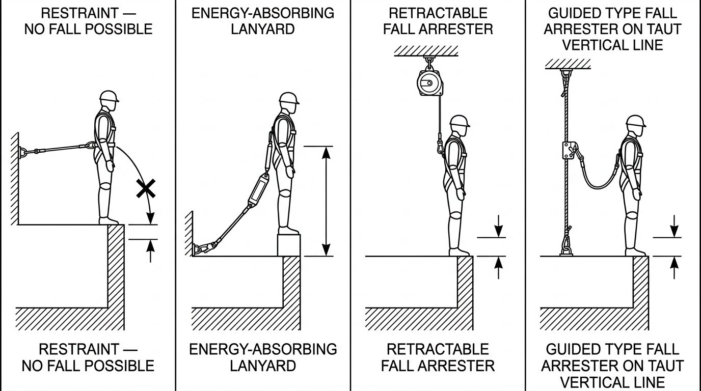 Comparison of restraint, energy-absorbing lanyard, retractable fall arrester and guided type fall arrester and the vertical clearance each requires.