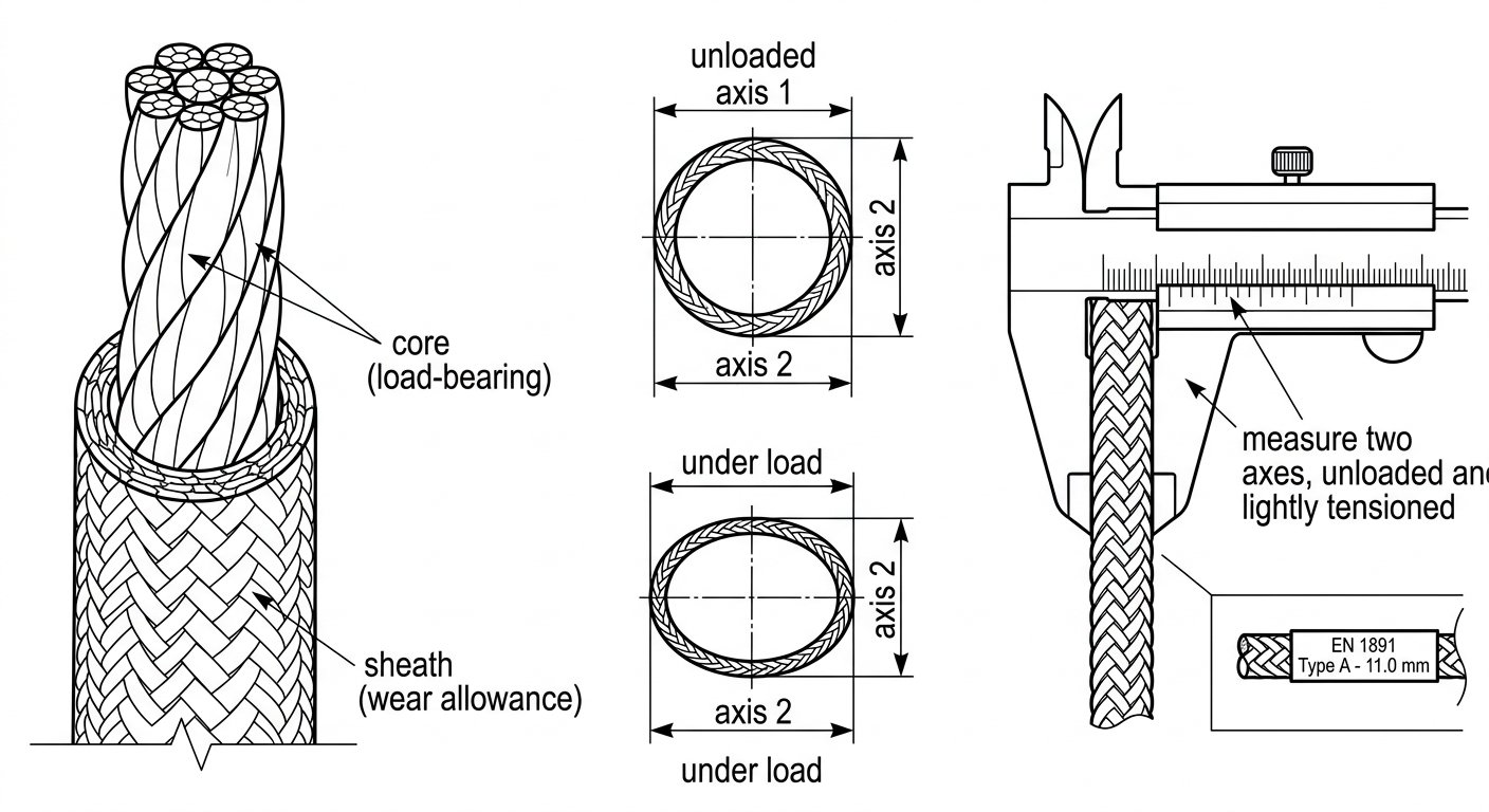 Cross-section diagram of kernmantel rope showing core and sheath, plus caliper measurement on two axes to check actual rope diameter