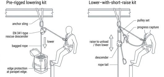 Side-by-side diagram comparing a pre-rigged lowering kit with a lower-and-short-raise kit including a small haul set and progress capture device