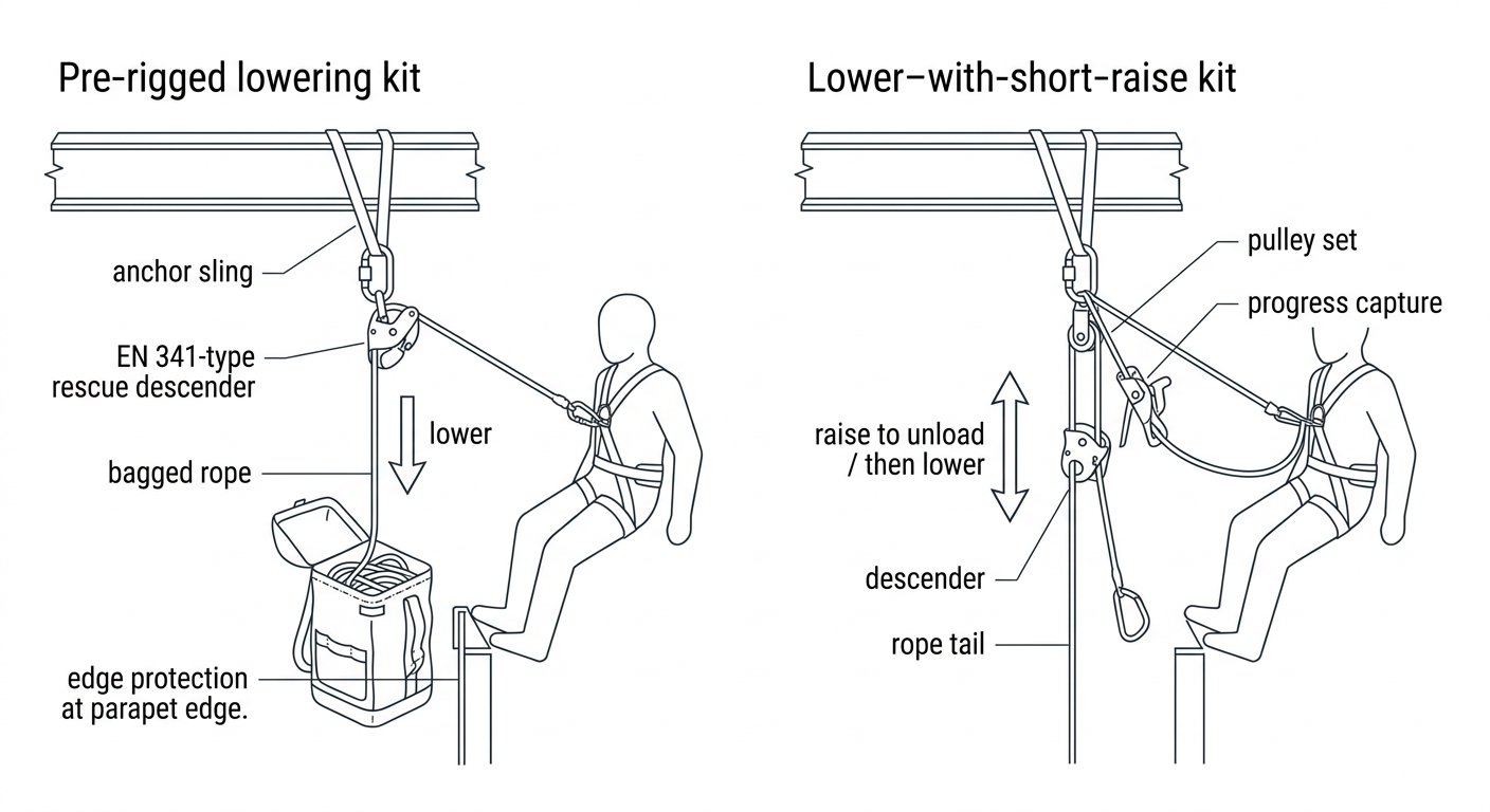 Side-by-side diagram comparing a pre-rigged lowering kit with a lower-and-short-raise kit including a small haul set and progress capture device