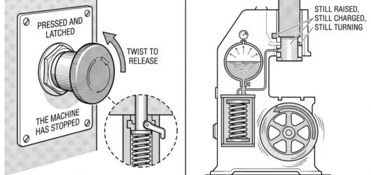 A mushroom-head emergency stop button with a detail circle showing it latched in and a twist arrow releasing it, beside a machine outline with a raise