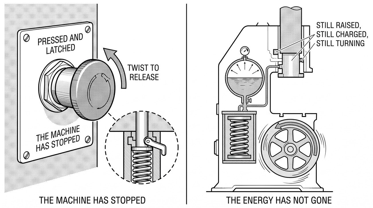 A mushroom-head emergency stop button with a detail circle showing it latched in and a twist arrow releasing it, beside a machine outline with a raised ram, a charged accumulator and a spinning flywheel all still shown as energised after the stop.