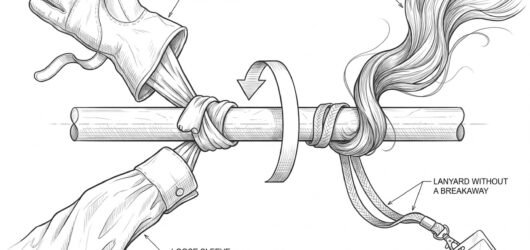 A rotating shaft with four items being drawn in and wound around it - a glove cuff, a shirt sleeve, long hair and a neck lanyard - each shown with an 