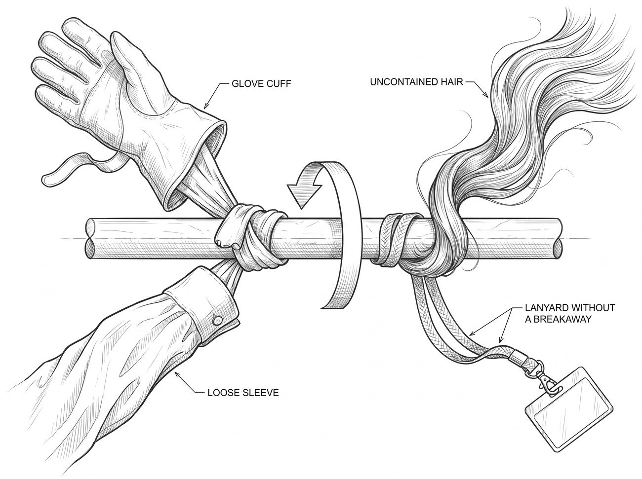 A rotating shaft with four items being drawn in and wound around it - a glove cuff, a shirt sleeve, long hair and a neck lanyard - each shown with an arrow following the rotation.