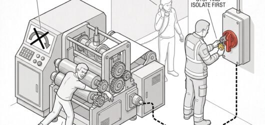 A machine with a casualty trapped at the mechanism, a first responder at the isolator fitting a lock rather than at the machine, a second figure at a 