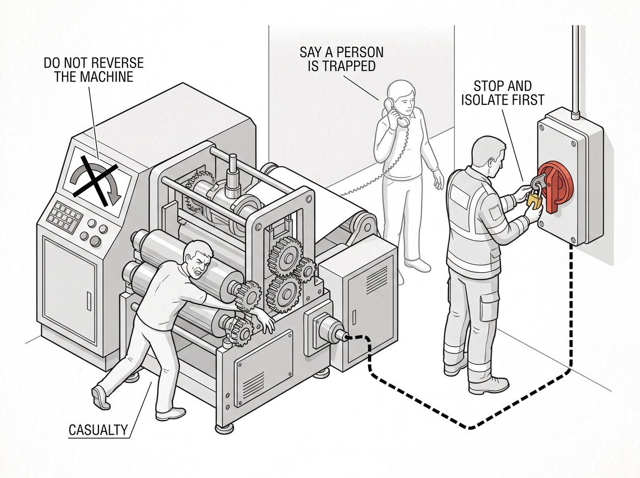A machine with a casualty trapped at the mechanism, a first responder at the isolator fitting a lock rather than at the machine, a second figure at a distance making a call, and a crossed-out arrow showing the machine being reversed.