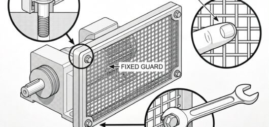 A fixed mesh guard bolted over a machine drive, with detail circles on a captive fastener retained in the guard and on the mesh aperture with a finger