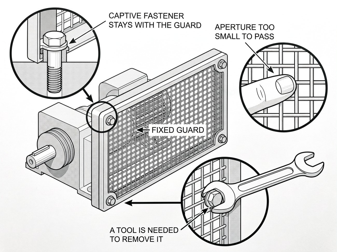 A fixed mesh guard bolted over a machine drive, with detail circles on a captive fastener retained in the guard and on the mesh aperture with a finger unable to pass through it.