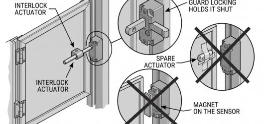 An interlocked guard with its actuator entering a switch, beside two detail circles showing a spare actuator taped into the switch body and a magnet h