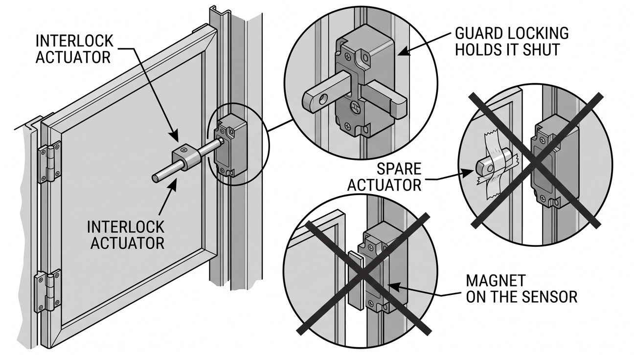 An interlocked guard with its actuator entering a switch, beside two detail circles showing a spare actuator taped into the switch body and a magnet held against a sensor, both crossed through.