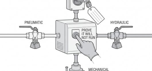 A machine with four isolation points marked around it - an electrical isolator, a pneumatic valve, a hydraulic valve and a mechanical drive coupling -