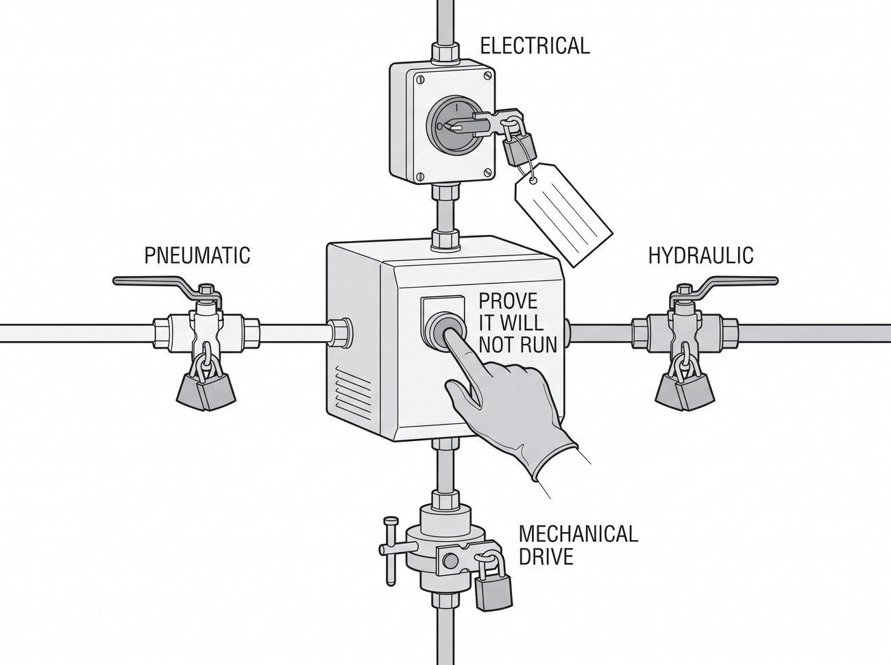 A machine with four isolation points marked around it - an electrical isolator, a pneumatic valve, a hydraulic valve and a mechanical drive coupling - each fitted with a hasp and padlock, and a blank tag hanging from one.