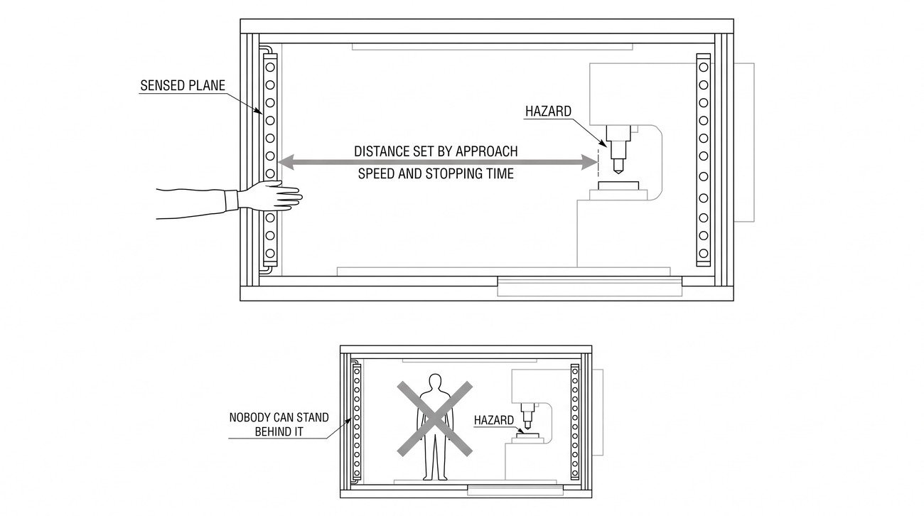 A plan view of a machine with a light curtain across its opening, a hand approaching through the beams, and a horizontal dimension arrow from the curtain plane to the hazard, with a second view showing a person standing between the curtain and the hazard.