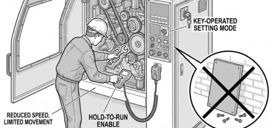 A machine with its guard open in a setting mode, a key-operated selector switch on the panel, and an operator holding a hold-to-run enable device, bes