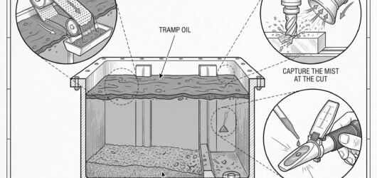 A machine tool sump in cutaway with a layer of tramp oil floating on top and metal fines settled at the bottom, beside detail circles of a skimmer, a 