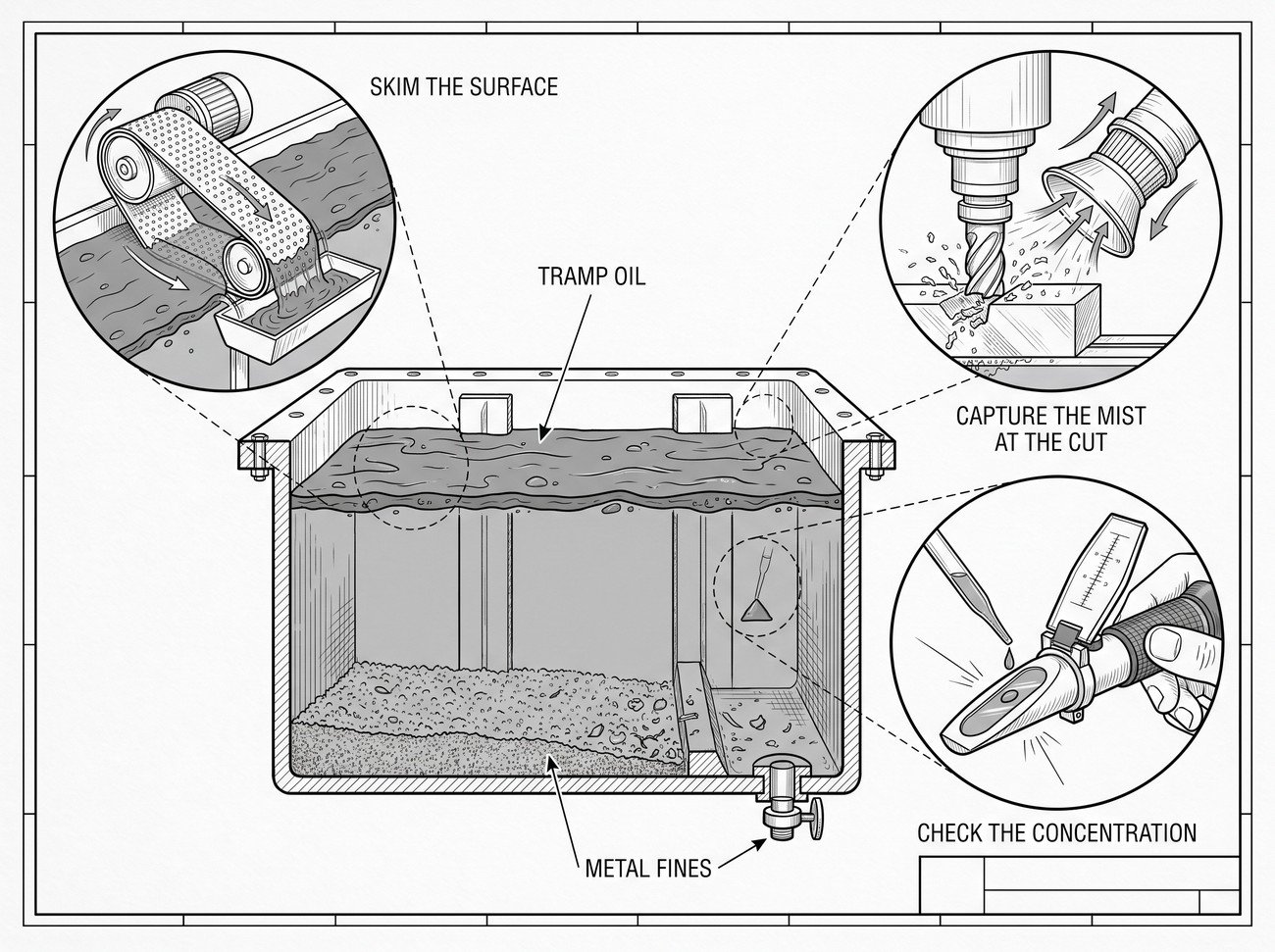 A machine tool sump in cutaway with a layer of tramp oil floating on top and metal fines settled at the bottom, beside detail circles of a skimmer, a dip refractometer and a mist extraction hood over the cutting zone.