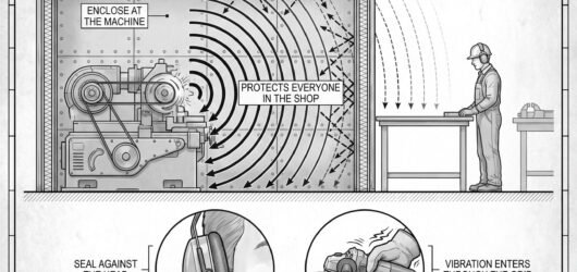 A machine shop section with a noisy machine enclosed and damped, sound paths drawn as curved lines reaching a worker, beside detail circles of an ear 