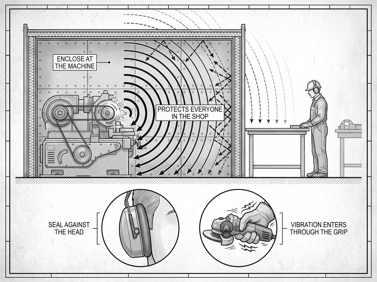 A machine shop section with a noisy machine enclosed and damped, sound paths drawn as curved lines reaching a worker, beside detail circles of an ear defender cushion sealing against the head and a hand gripping a vibrating tool.