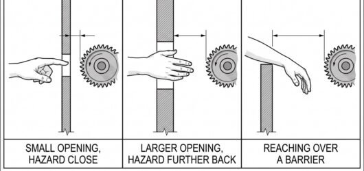 Three sections through a guard opening with a hand reaching in, showing a small opening with the hazard close, a larger opening with the hazard furthe