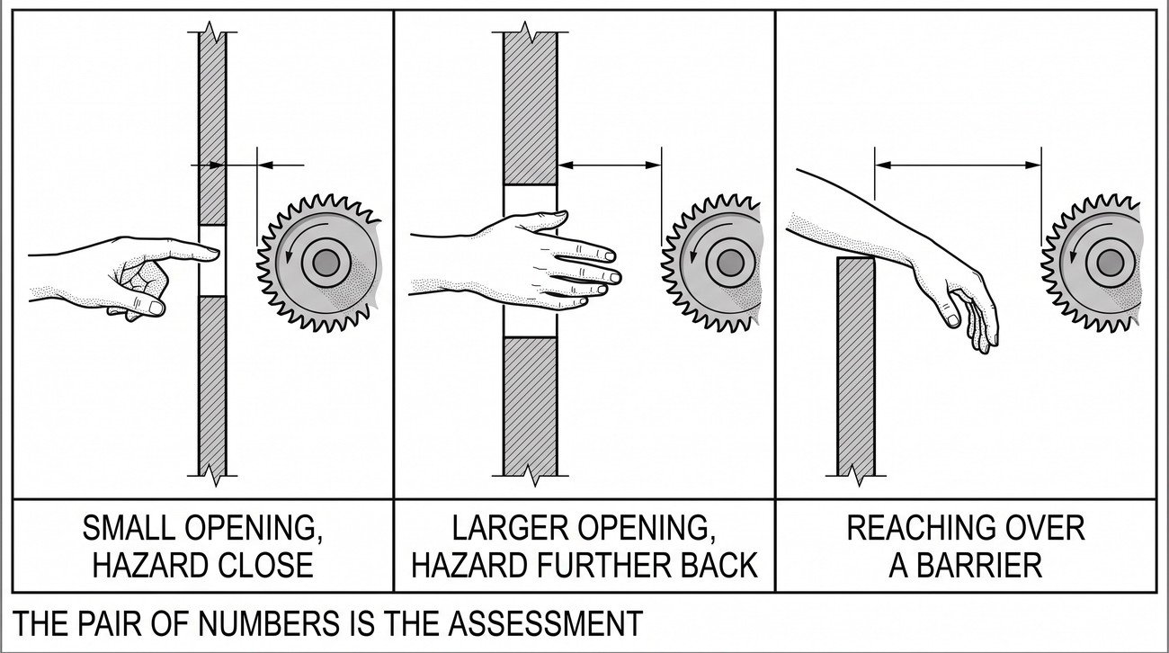 Three sections through a guard opening with a hand reaching in, showing a small opening with the hazard close, a larger opening with the hazard further back, and reaching over a low barrier to a hazard behind it.