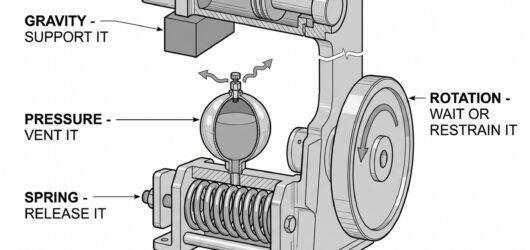 A machine cutaway with four stored energy sources marked: a raised ram held by a mechanical scotch, a charged hydraulic accumulator with a vent valve,