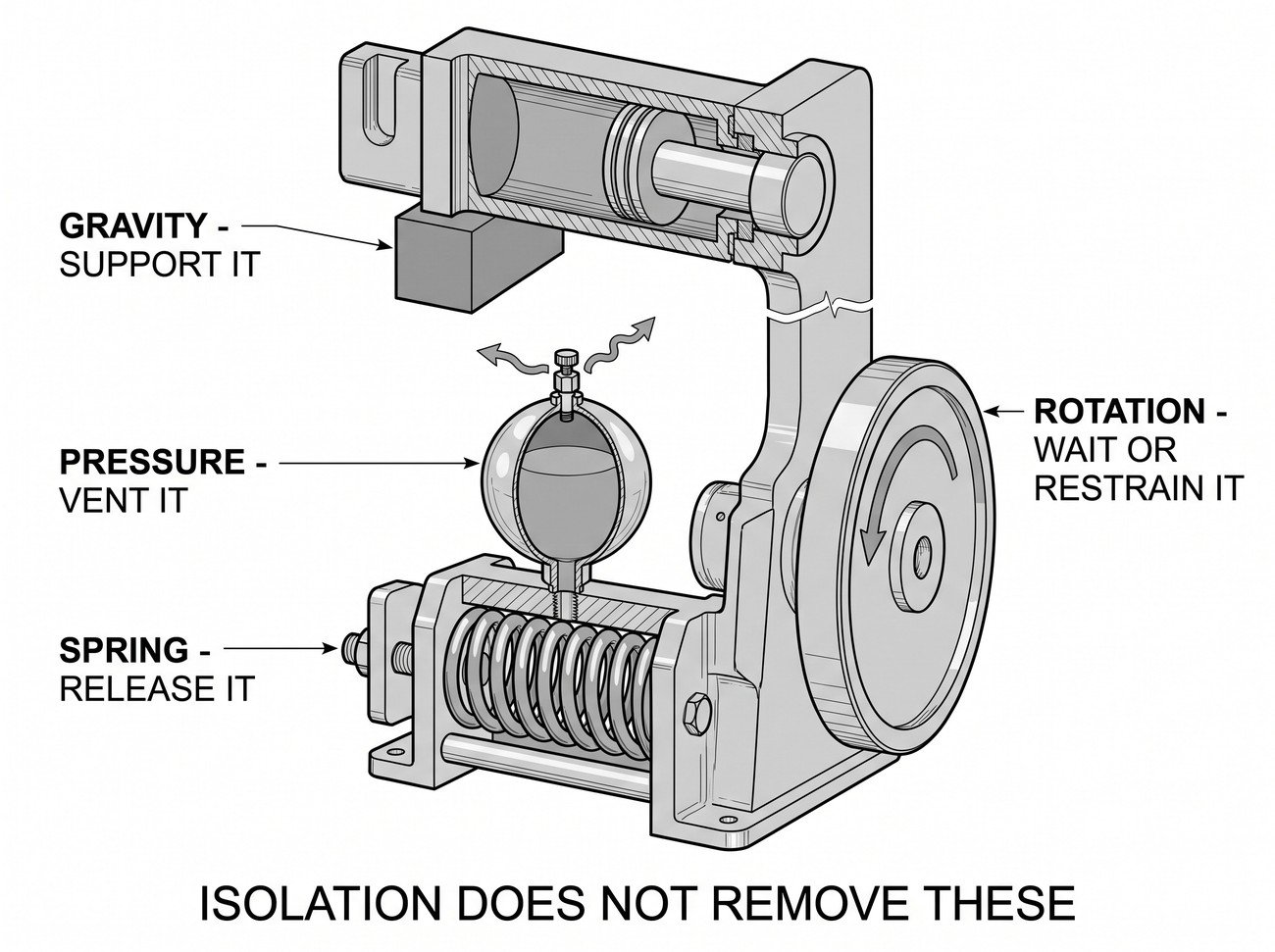 A machine cutaway with four stored energy sources marked: a raised ram held by a mechanical scotch, a charged hydraulic accumulator with a vent valve, a compressed spring in a mechanism, and a flywheel coasting with a rotation arrow.