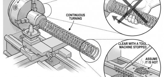 A lathe with a long continuous turning coiling off the workpiece, beside a detail circle of a hand grasping the coil crossed through, and a second det