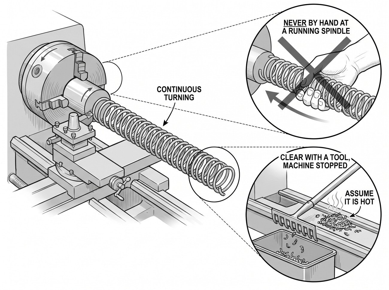 A lathe with a long continuous turning coiling off the workpiece, beside a detail circle of a hand grasping the coil crossed through, and a second detail of a rake being used to clear chips from a stopped machine.