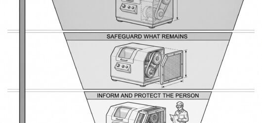 Three stacked bands showing the hierarchy of machine safeguarding, with the widest band at the top for eliminating the hazard, a middle band for guard