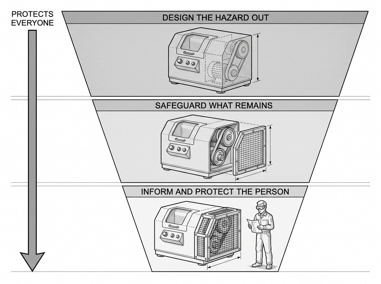 Three stacked bands showing the hierarchy of machine safeguarding, with the widest band at the top for eliminating the hazard, a middle band for guarding and safeguards, and a narrow band at the bottom for information and protective equipment.