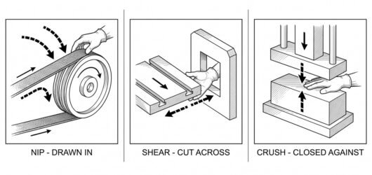 Three panels showing a nip point between a belt and pulley with arrows drawing material inward, a shear point where a moving part passes a fixed frame