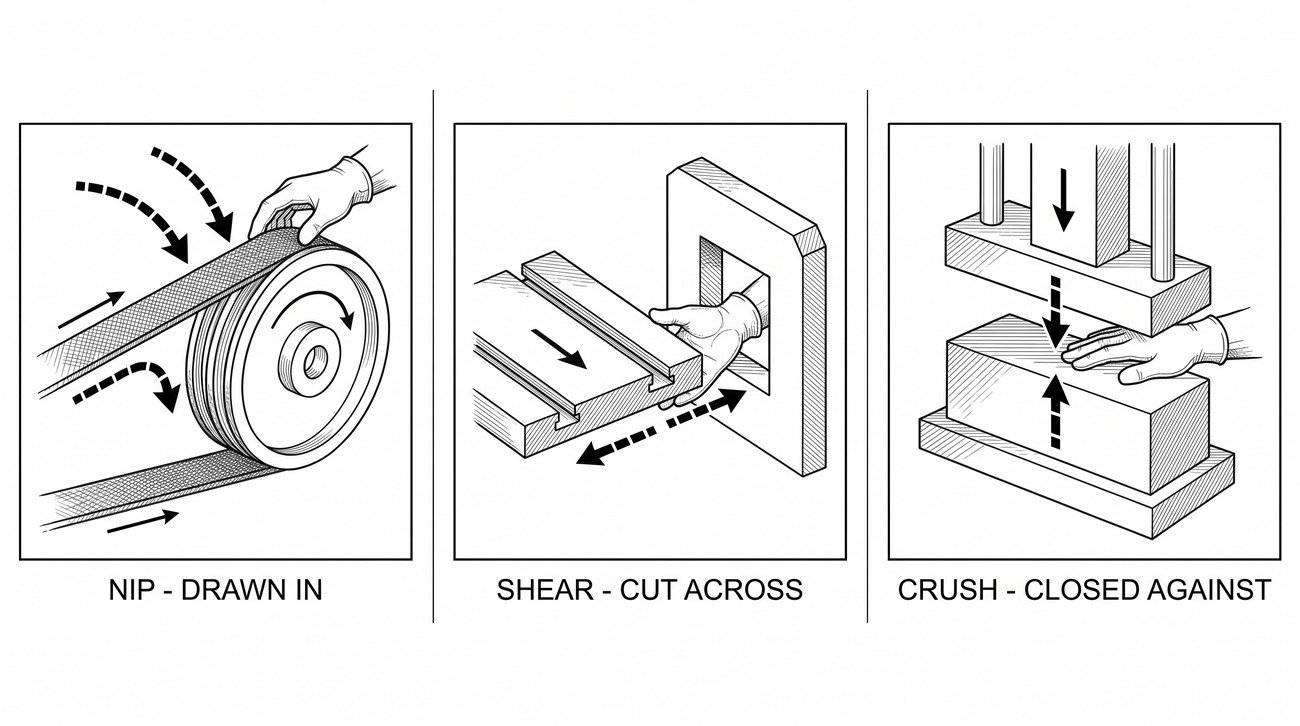 Three panels showing a nip point between a belt and pulley with arrows drawing material inward, a shear point where a moving part passes a fixed frame, and a crush point where a moving part closes against a fixed surface.