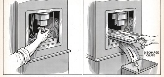 Two panels showing a hand reaching directly into a machine opening to place a workpiece, beside the same machine fitted with a sliding jig and a chute