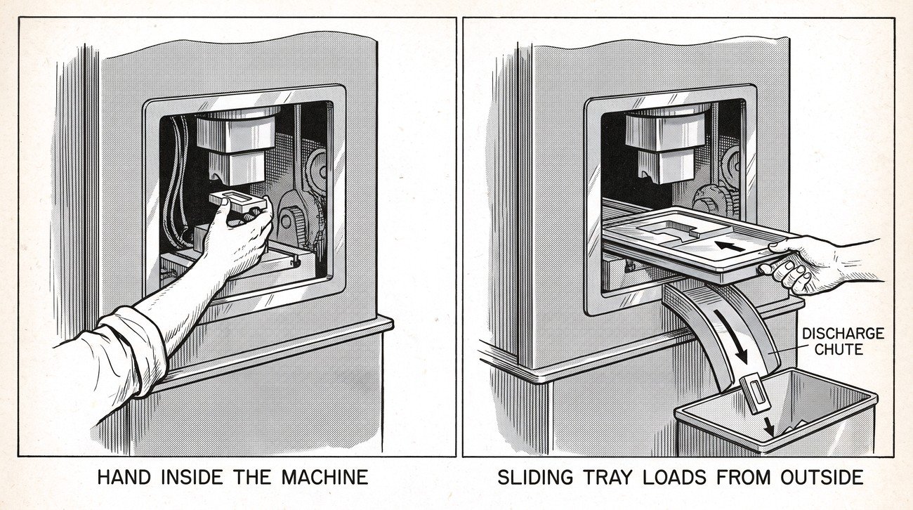 Two panels showing a hand reaching directly into a machine opening to place a workpiece, beside the same machine fitted with a sliding jig and a chute so the workpiece is loaded outside the guard.