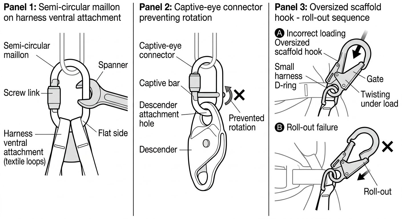 Diagram showing a semi-circular maillon on a harness attachment, a captive-eye connector holding a descender in orientation, and an oversized hook rolling out of a small D-ring