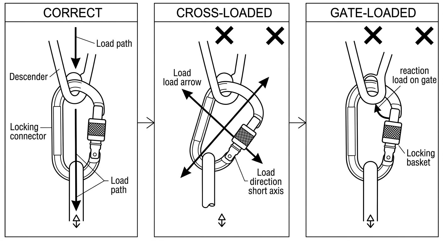 Line diagram comparing correct major-axis loading of a connector with a descender against cross-loading and gate-loading, both marked as incorrect.