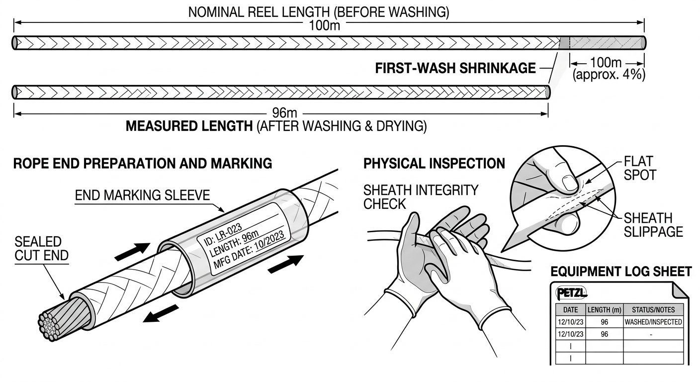 Diagram showing a washed rope measured shorter than its nominal length, its end re-marked with identification and measured length, a hand-over-hand inspection pass and an equipment log entry