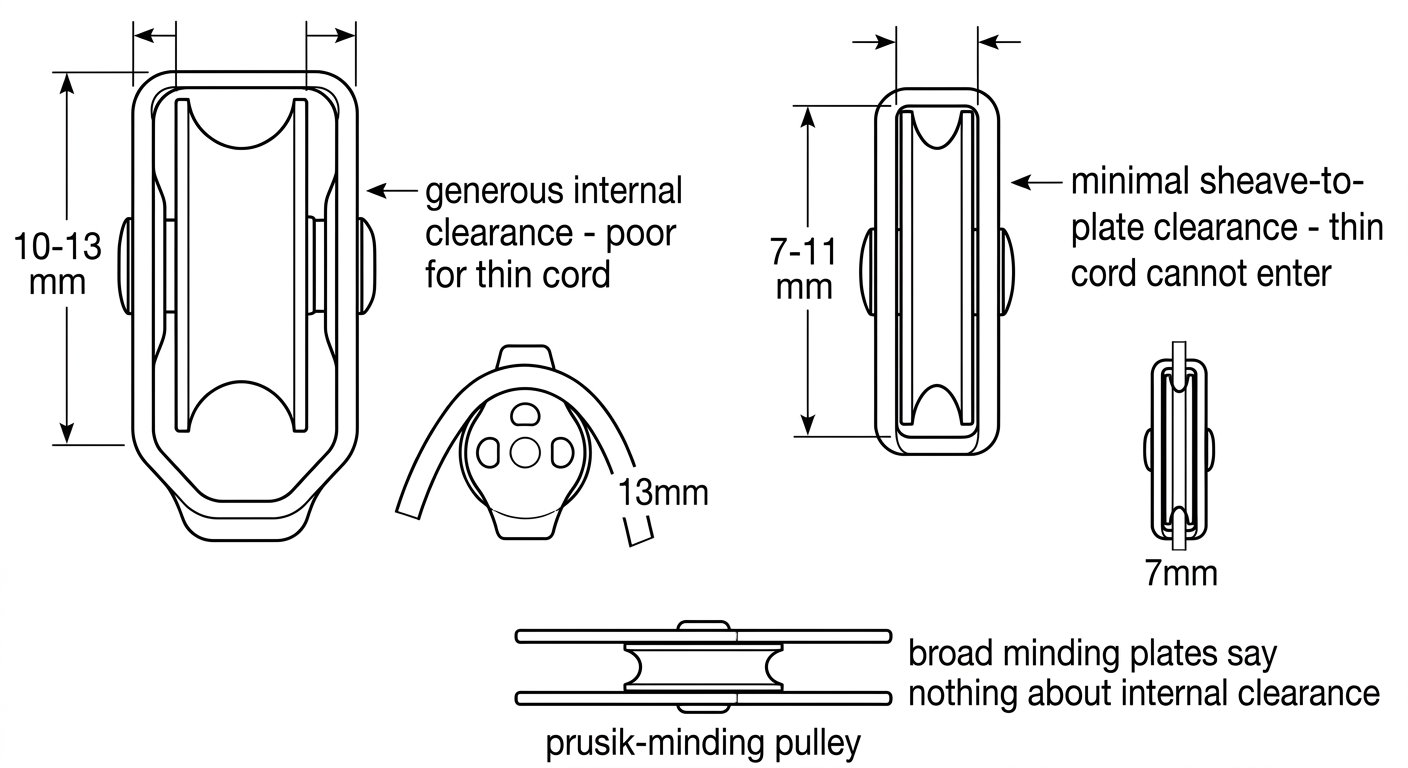 Comparison diagram of a wide-body rigging pulley, a compact micro pulley and a prusik-minding pulley, showing differences in sheave-to-side-plate clearance