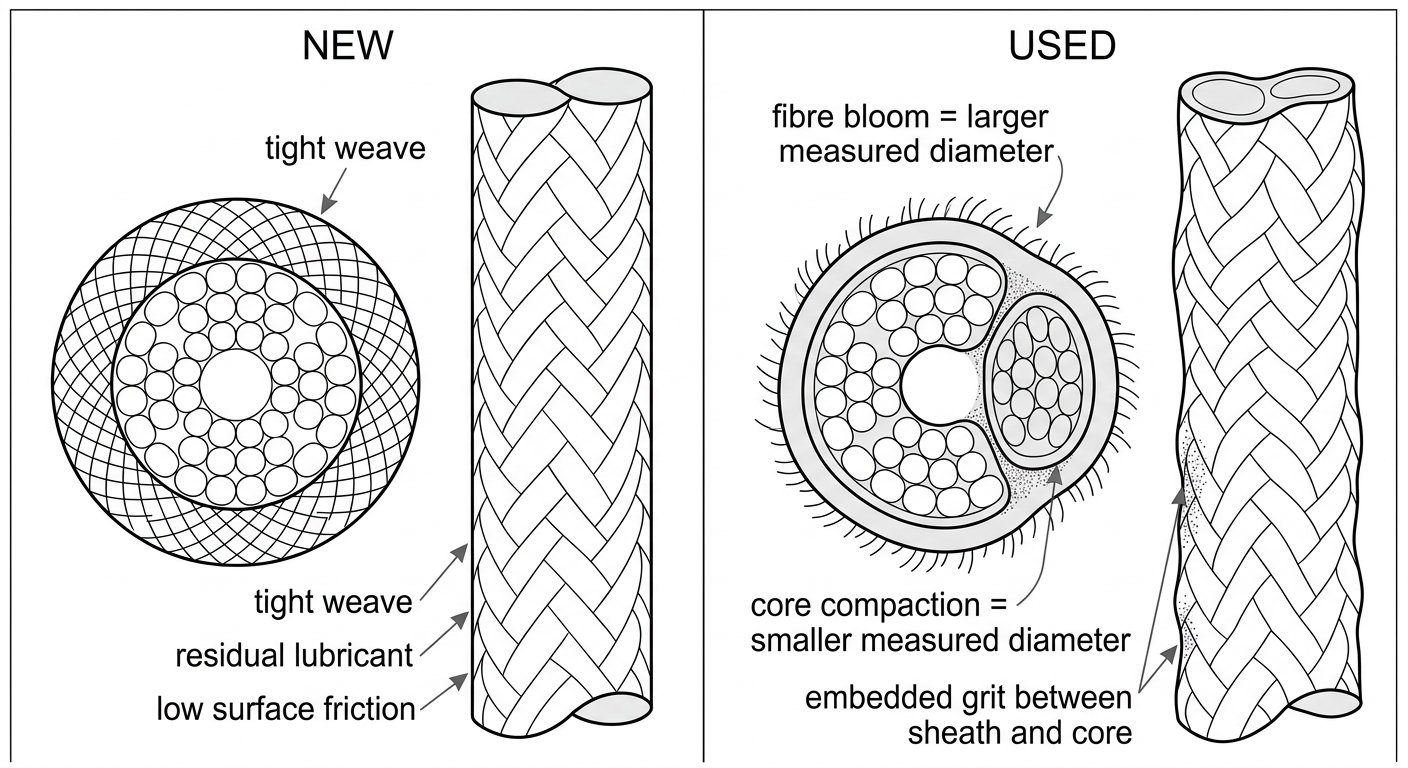 Cross-section diagram comparing a new kernmantle rope with a tight round sheath to a used rope with fuzzed fibres, compacted core and embedded grit.
