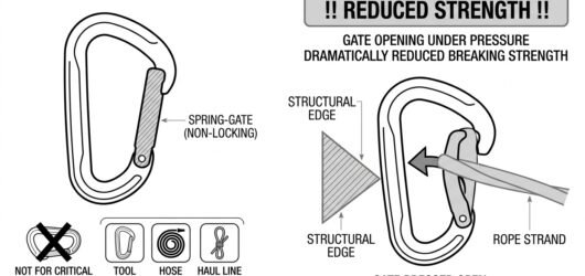 Line diagram of a non-locking spring-gate connector being pushed open by a rope and an edge, marked as unsuitable for critical connections